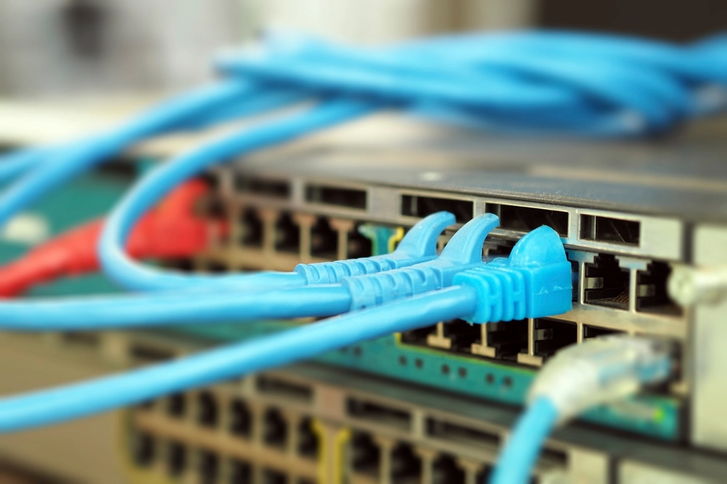 Przełącznik sieciowy z niebieskimi kablami Ethernet